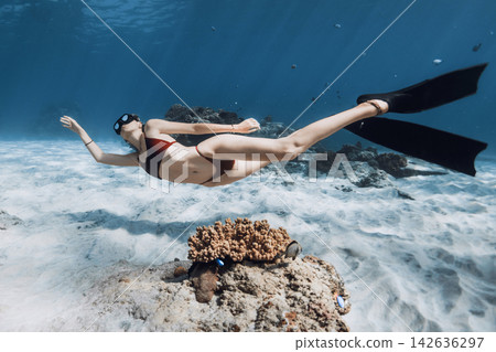 Woman freediver gliding above coral reef and sandy seabed in blue ocean Woman freediver gliding above coral reef and sandy seabed in blue ocean 142636297