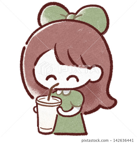 女孩用吸管喝飲料的插圖。 女孩用吸管喝飲料的插圖。 142636441