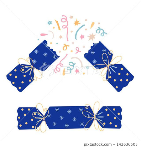 Christmas cracker with colorful wrap decorated with snowflakes, bow, traditional festive winter holiday decor element for xmas party, seasonal greetings, celebration designs, New Year event graphics Christmas cracker with colorful wrap decorated with snowflakes, bow, traditional festive winter holiday decor element for xmas party, seasonal greetings, celebration designs, New Year event graphics 142636503