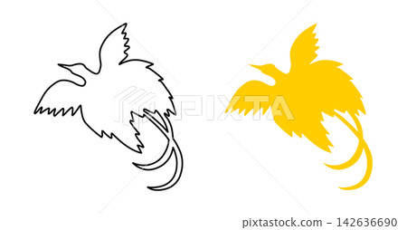 Raggiana Bird of Paradise in flight silhouette icon, sticker, badge. National black contour, yellow emblem from flag of Papua New Guinea layouts. Raggiana Bird of Paradise in flight silhouette icon, sticker, badge. National black contour, yellow emblem from flag of Papua New Guinea layouts. 142636690