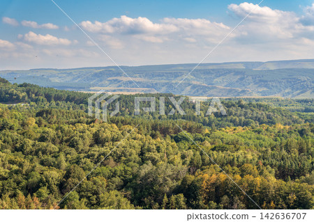 Layers of green mountains and hills in the haze during sunset. Panoramic View of Green hills and Meadow. Layers of green mountains and hills in the haze during sunset. Panoramic View of Green hills and Meadow. 142636707