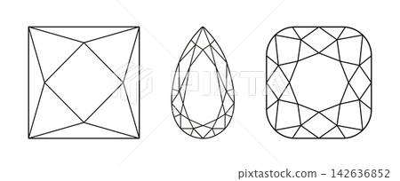 Diamond Angular Cushion, Princess, Pear cut flat shapes. Brilliant Pear, Princess, Angular Cushion cuts simple patterns. Precious gemstone outline icons for jewellery design, branding, logos. Diamond Angular Cushion, Princess, Pear cut flat shapes. Brilliant Pear, Princess, Angular Cushion cuts simple patterns. Precious gemstone outline icons for jewellery design, branding, logos. 142636852