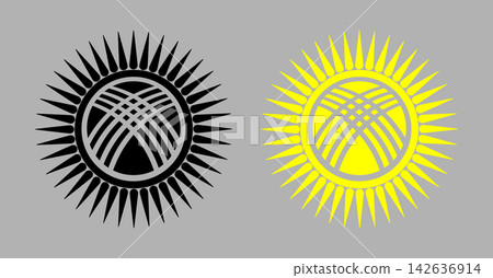 Set of black, yellow outline symbol from National State Flag ensign of Kyrgyz Republic icon. Silhouette Sun that contains depiction of tunduk opening in center of roof of yurt traditional nomadic tent Set of black, yellow outline symbol from National State Flag ensign of Kyrgyz Republic icon. Silhouette Sun that contains depiction of tunduk opening in center of roof of yurt traditional nomadic tent 142636914