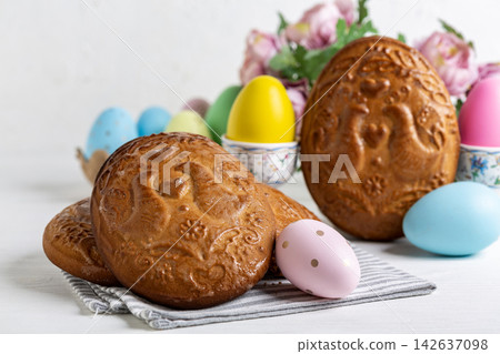 Easter stamped (pryanik) gingerbread close up. 142637098