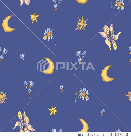 Minimal watercolor moons and wildflowers seamless pattern Minimal watercolor moons and wildflowers seamless pattern 142637220