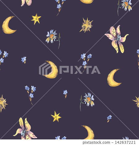 Minimal watercolor moons and wildflowers seamless pattern Minimal watercolor moons and wildflowers seamless pattern 142637221