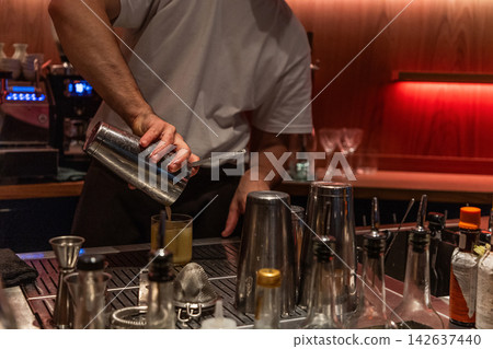 Bartender mixing cocktail with shaker in stylish bar environment Bartender mixing cocktail with shaker in stylish bar environment 142637440