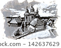Hand-drawn watercolor and ink illustration of a snow-covered historic church and village surrounded 142637629