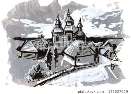 Hand-drawn watercolor and ink illustration of a snow-covered historic church and village surrounded Hand-drawn watercolor and ink illustration of a snow-covered historic church and village surrounded 142637629