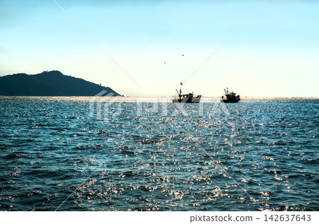 Fishing boats  moving to Indian ocean . Several black eagles follows with them .  2 motor fishing boat in contr light of nature (soon sunset) 142637643