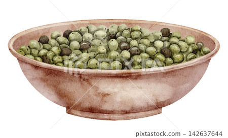 Ceramic bowl filled with green olives watercolor illustration isolated on background. Rustic Mediterranean pottery dish for food, harvest and kitchen designs. Art for cookery book or recipe design. Ceramic bowl filled with green olives watercolor illustration isolated on background. Rustic Mediterranean pottery dish for food, harvest and kitchen designs. Art for cookery book or recipe design. 142637644