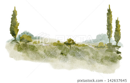 Mediterranean landscape watercolor illustration with cypress trees and soft countryside scenery isolated on background. Italian and Tuscan fields clipart for rural and travel designs. 142637645
