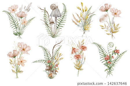 Autumn bouquet watercolor illustration set with wildflowers, grasses, ferns and seasonal foliage isolated on background. Botanical fall clipart collection for harvest and floral designs. Autumn bouquet watercolor illustration set with wildflowers, grasses, ferns and seasonal foliage isolated on background. Botanical fall clipart collection for harvest and floral designs. 142637646
