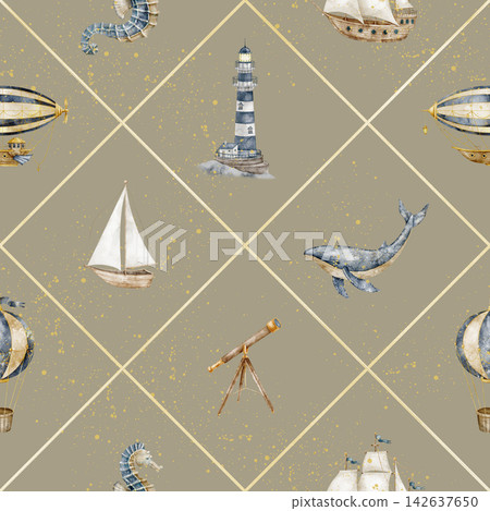 Balloon and whale seamless watercolor pattern with ships and lighthouse on beige background. Baby nautical repeat with beacon and blimp for fabric, wallpaper, nursery textiles and wrapping paper. Balloon and whale seamless watercolor pattern with ships and lighthouse on beige background. Baby nautical repeat with beacon and blimp for fabric, wallpaper, nursery textiles and wrapping paper. 142637650
