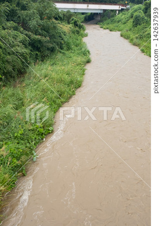 The muddy river currents, swollen by heavy rain. The muddy river currents, swollen by heavy rain. 142637939