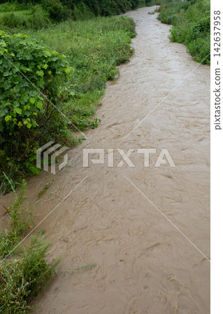 暴雨過後,渾濁的河水湍急。 暴雨過後,渾濁的河水湍急。 142637958