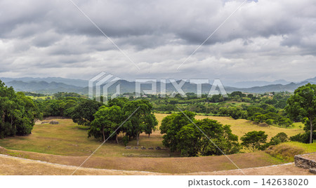 Panoramic view showing Tonina archaeological site and the tall Maya pyramid terraces in Chiapas Mexico with pre Hispanic history stone walls cultural heritage Mexican archaeology and natural. Panoramic view showing Tonina archaeological site and the tall Maya pyramid terraces in Chiapas Mexico with pre Hispanic history stone walls cultural heritage Mexican archaeology and natural. 142638020