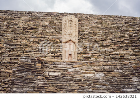 Ancient stone terraces forming the tall Tonina Maya pyramid and archaeological complex in Chiapas Mexico with pre Hispanic history stone walls cultural heritage Mexican archaeology and side view. 142638021