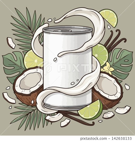 vector illustration of canned coconut milk with coconut chunks, lime slices, and palm leaves isolated on green background, tropical food banner vector illustration of canned coconut milk with coconut chunks, lime slices, and palm leaves isolated on green background, tropical food banner 142638133