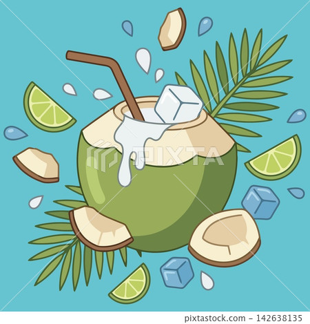 vector illustration of fresh coconut drink with lime slices, ice cubes, and palm leaves isolated on blue background, tropical cocktail summer banner vector illustration of fresh coconut drink with lime slices, ice cubes, and palm leaves isolated on blue background, tropical cocktail summer banner 142638135
