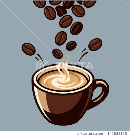 vector illustration of hot coffee cup with falling coffee beans and steam isolated on grey background, cafe drink banner vector illustration of hot coffee cup with falling coffee beans and steam isolated on grey background, cafe drink banner 142638138