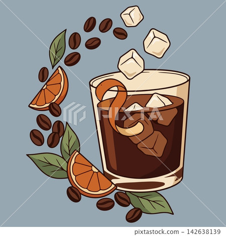 vector illustration of iced coffee glass with orange slice, coffee beans, and sugar cubes isolated on grey background, cafe drink banner vector illustration of iced coffee glass with orange slice, coffee beans, and sugar cubes isolated on grey background, cafe drink banner 142638139