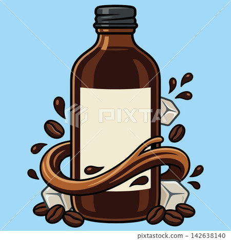 vector illustration of coffee bottle with syrup liquid splash, coffee beans, and sugar cubes isolated on blue background, high quality stock clip art for cafe banner vector illustration of coffee bottle with syrup liquid splash, coffee beans, and sugar cubes isolated on blue background, high quality stock clip art for cafe banner 142638140