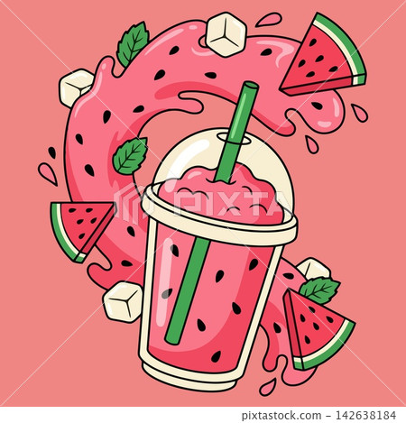 vector illustration of watermelon smoothie or juice in a plastic cup with watermelon slices, mint leaves, ice cubes, and a straw on pink background, commercial stock vector banner mockup vector illustration of watermelon smoothie or juice in a plastic cup with watermelon slices, mint leaves, ice cubes, and a straw on pink background, commercial stock vector banner mockup 142638184