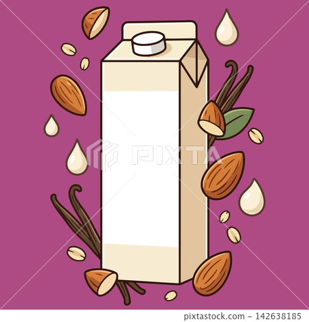vector illustration of blank gable top almond milk carton packaging mockup surrounded by almonds, almond halves, vanilla pods, and milk drops on purple background, commercial stock banner vector illustration of blank gable top almond milk carton packaging mockup surrounded by almonds, almond halves, vanilla pods, and milk drops on purple background, commercial stock banner 142638185