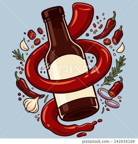 vector illustration of hot sauce or chili sauce glass bottle mockup surrounded by fresh red chili peppers, garlic, onion rings, and herbs on purple background, commercial stock banner vector illustration of hot sauce or chili sauce glass bottle mockup surrounded by fresh red chili peppers, garlic, onion rings, and herbs on purple background, commercial stock banner 142638189