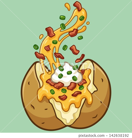 vector illustration of loaded baked potato with melted cheese, bacon bits, sour cream, and green onions on green background, commercial stock vector banner mockup vector illustration of loaded baked potato with melted cheese, bacon bits, sour cream, and green onions on green background, commercial stock vector banner mockup 142638192