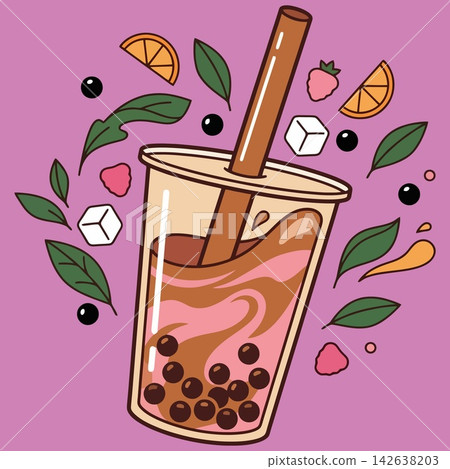 vector illustration of bubble tea or boba milk tea in a plastic cup with tapioca pearls, floating fruit slices, ice cubes, and straw on purple background, commercial stock vector banner mockup vector illustration of bubble tea or boba milk tea in a plastic cup with tapioca pearls, floating fruit slices, ice cubes, and straw on purple background, commercial stock vector banner mockup 142638203
