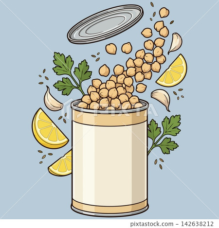vector illustration of canned chickpeas or garbanzo beans in a tin can mockup surrounded by chickpeas, lemon slices, garlic cloves, parsley leaves, and peppercorns on grey background, commercial stock 142638212