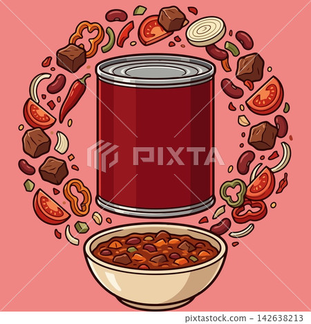 vector illustration of canned chili or chili con carne in a tin can mockup surrounded by red kidney beans, tomatoes, onion slices, chili peppers, and beef chunks in a bowl on pink background, commerci vector illustration of canned chili or chili con carne in a tin can mockup surrounded by red kidney beans, tomatoes, onion slices, chili peppers, and beef chunks in a bowl on pink background, commerci 142638213