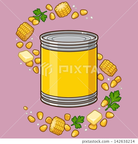 vector illustration of canned sweet corn or corn kernels in a tin can mockup surrounded by corn cobs, corn kernels, butter cubes, and cilantro on purple background, commercial stock vector banner mock vector illustration of canned sweet corn or corn kernels in a tin can mockup surrounded by corn cobs, corn kernels, butter cubes, and cilantro on purple background, commercial stock vector banner mock 142638214