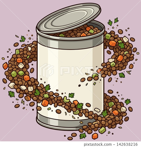 vector illustration of canned lentil soup or lentils in a tin can mockup surrounded by lentils, diced vegetables, celery, carrots, and parsley leaves on purple background, commercial stock vector bann vector illustration of canned lentil soup or lentils in a tin can mockup surrounded by lentils, diced vegetables, celery, carrots, and parsley leaves on purple background, commercial stock vector bann 142638216