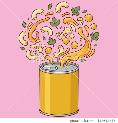 vector illustration of canned macaroni and cheese or pasta with cheddar cheese sauce, elbow macaroni pieces, cheese cubes, and parsley leaves in a tin can mockup on pink background, commercial stock v vector illustration of canned macaroni and cheese or pasta with cheddar cheese sauce, elbow macaroni pieces, cheese cubes, and parsley leaves in a tin can mockup on pink background, commercial stock v 142638217