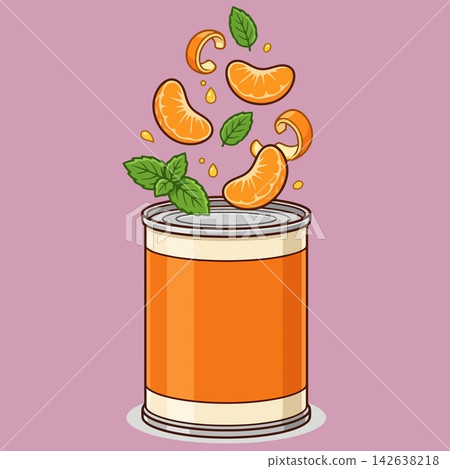 vector illustration of canned mandarin orange segments or juice in a tin can mockup surrounded by mandarin orange slices, segments, mint leaves, and juice drops on purple background, commercial stock vector illustration of canned mandarin orange segments or juice in a tin can mockup surrounded by mandarin orange slices, segments, mint leaves, and juice drops on purple background, commercial stock 142638218