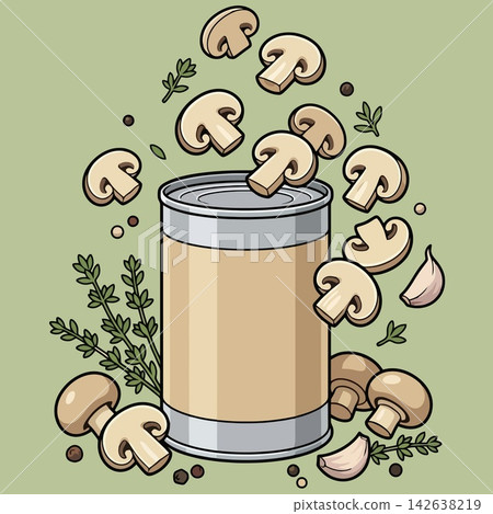 vector illustration of canned sliced mushrooms or mushroom soup in a tin can mockup surrounded by fresh mushrooms, garlic cloves, peppercorns, and herbs on green background, commercial stock vector ba 142638219