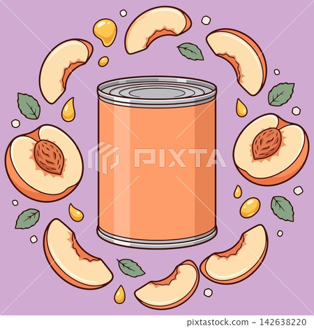 vector illustration of canned peach halves or peach slices in a tin can mockup surrounded by fresh peach halves, peach pits, mint leaves, and juice drops on purple background, commercial stock vector vector illustration of canned peach halves or peach slices in a tin can mockup surrounded by fresh peach halves, peach pits, mint leaves, and juice drops on purple background, commercial stock vector 142638220