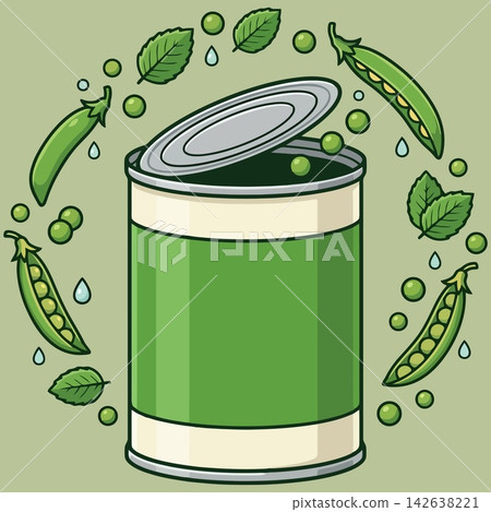 vector illustration of canned green peas or green pea soup in a tin can mockup surrounded by fresh green peas, pea pods, mint leaves, and water drops on green background, commercial stock vector banne vector illustration of canned green peas or green pea soup in a tin can mockup surrounded by fresh green peas, pea pods, mint leaves, and water drops on green background, commercial stock vector banne 142638221
