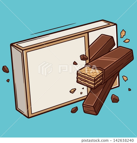 vector illustration of chocolate wafer biscuit with blank packaging box and flying crumbs isolated on blue background, sweet snack product mockup banner vector illustration of chocolate wafer biscuit with blank packaging box and flying crumbs isolated on blue background, sweet snack product mockup banner 142638240