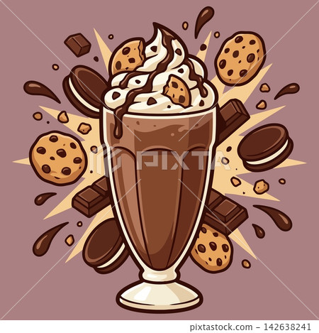 vector illustration of chocolate milkshake glass with whipped cream flying cookies chocolate bars and splash isolated on purple background, sweet cafe dessert drink menu banner 142638241