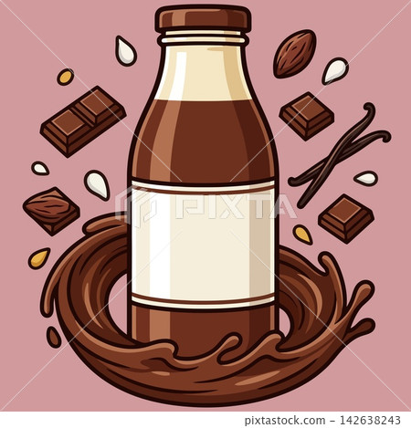 vector illustration of chocolate milk bottle with liquid splash chocolate pieces and vanilla isolated on pink background, sweet dessert drink menu banner vector illustration of chocolate milk bottle with liquid splash chocolate pieces and vanilla isolated on pink background, sweet dessert drink menu banner 142638243