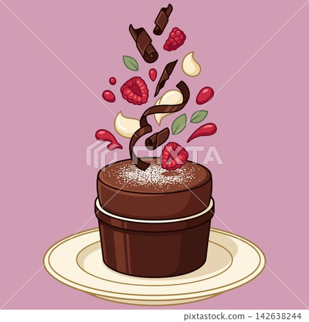 vector illustration of chocolate lava cake with flying raspberries and chocolate curls isolated on pink background, sweet dessert menu banner 142638244