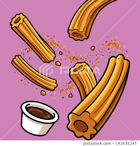 vector illustration of flying crispy churros with chocolate dip sauce isolated on purple background, sweet snack menu banner 142638245