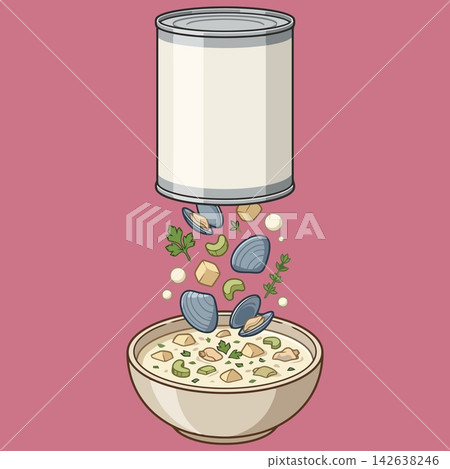vector illustration of canned clam chowder soup pouring into a bowl with clam shells and celery isolated on pink background, seafood banner vector illustration of canned clam chowder soup pouring into a bowl with clam shells and celery isolated on pink background, seafood banner 142638246