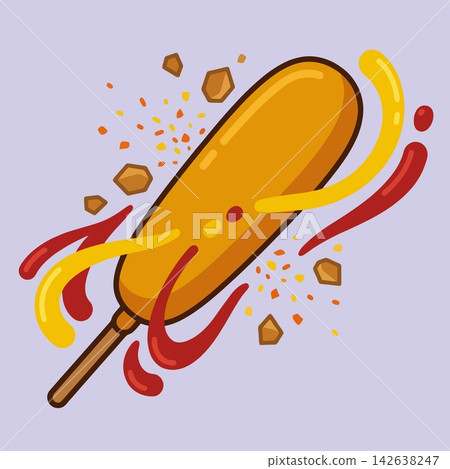 vector illustration of delicious crispy corndog with mustard and ketchup sauce splash isolated on white background, fast food snack banner vector illustration of delicious crispy corndog with mustard and ketchup sauce splash isolated on white background, fast food snack banner 142638247