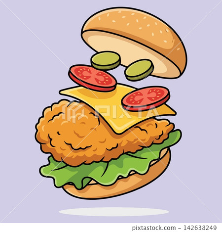 vector illustration of flying crispy chicken burger with cheese tomato and pickle isolated on purple background, fast food menu banner vector illustration of flying crispy chicken burger with cheese tomato and pickle isolated on purple background, fast food menu banner 142638249