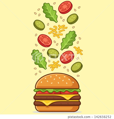 vector illustration of classic double cheeseburger with sesame bun, beef patties, cheese, lettuce, and tomato on yellow background, fast food commercial banner mockup 142638252